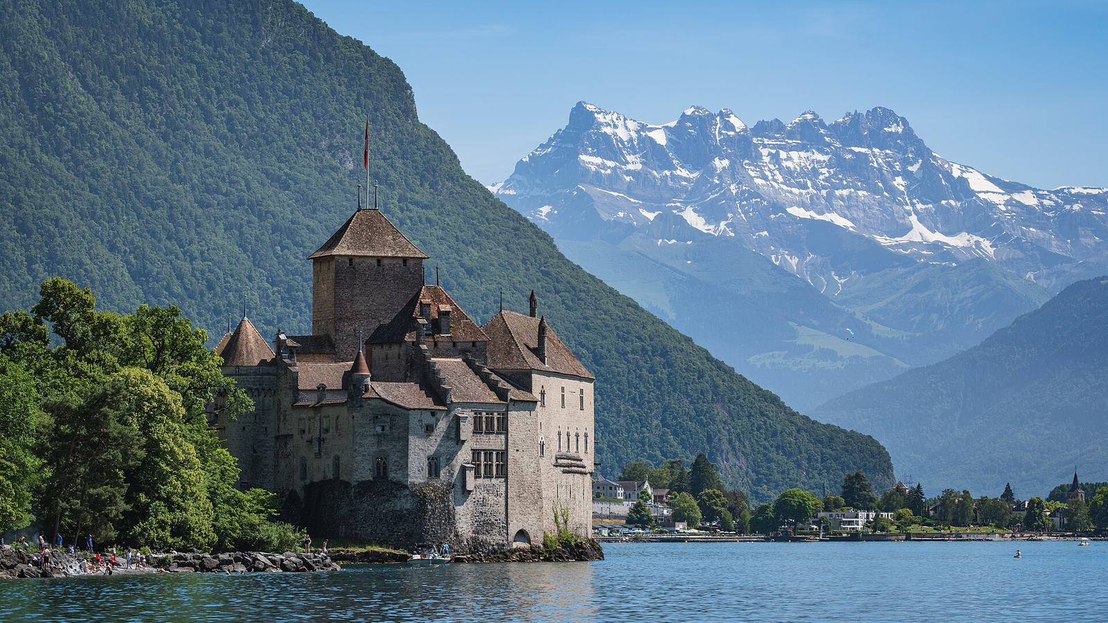 Chillon Castle on the lake, with the Dents du Midi behind